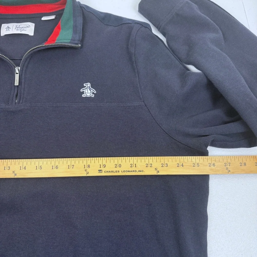 Original Penguin Mens XXL‎ Quarter Zip Pullover Navy Blue Striped Collar Logo